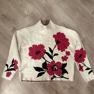 Anthropologie Cream and Red Floral Turtleneck Sweater